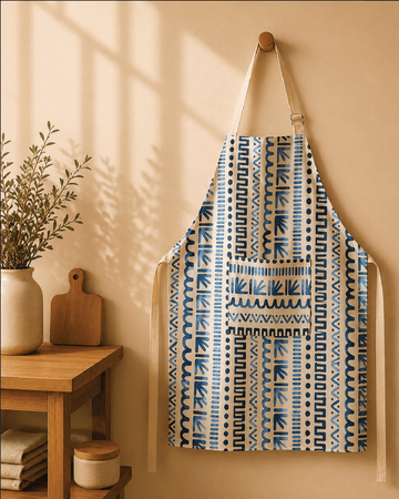 Blue geometric kitchen apron