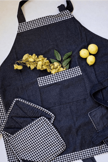 Navy checked kitchen apron