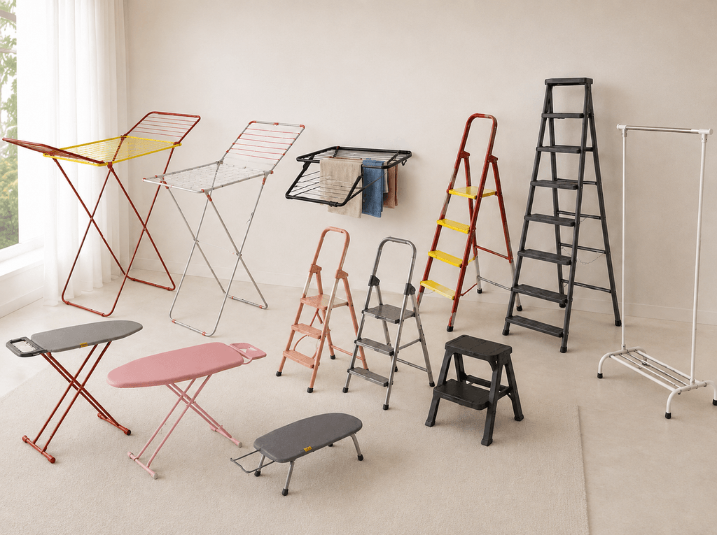 Drying racks, ironing boards, ladders, clothing stands, and household utility products