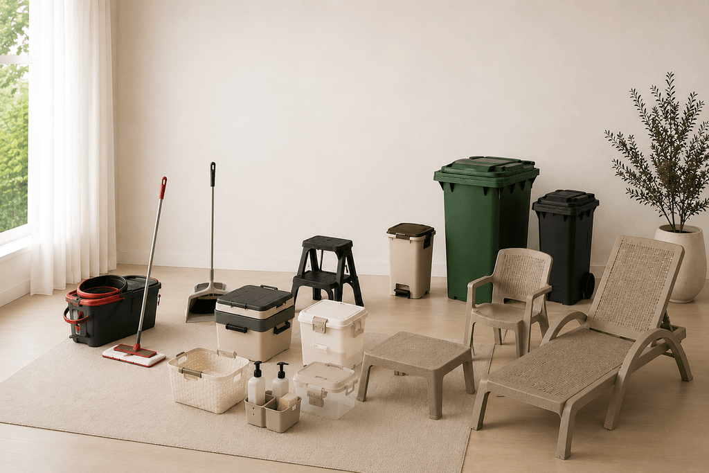 Cleaning tools, waste bins, storage, outdoor furniture, and household utility products