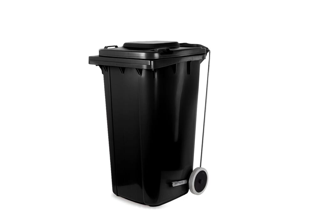 Black 120 litre wheeled pedal garbage bin